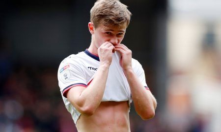 Everton-owned Callum Connolly looks dejected at the end of the Bolton Wanderers, Nottingham Forest match, May 2019