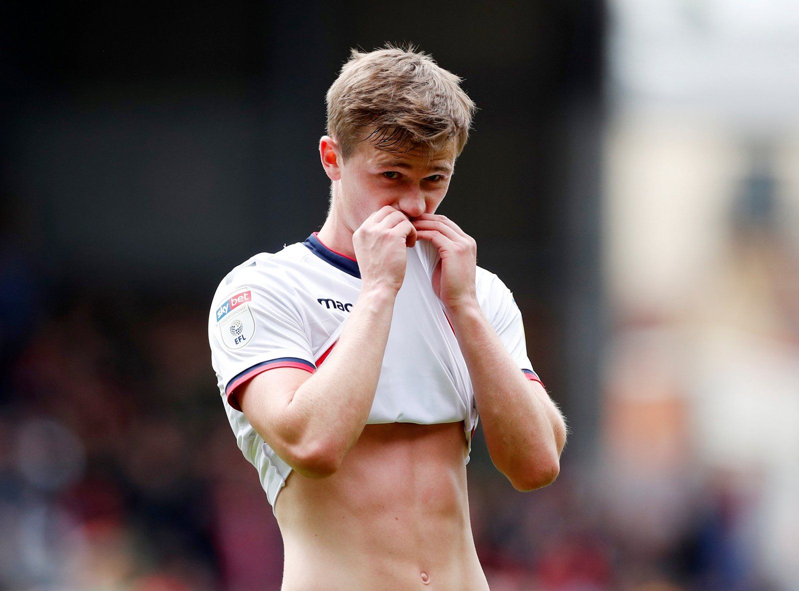 Everton-owned Callum Connolly looks dejected at the end of the Bolton Wanderers, Nottingham Forest match, May 2019