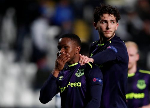 Everton's Ademola Lookman celebrates scoring their second goal with Fraser Hornby, December 2017