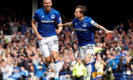 Everton's Bernard celebrates scoring their first goal v Watford with Gylfi Sigurdsson, August 2019