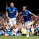 Everton's Bernard celebrates scoring their first goal v Watford with Gylfi Sigurdsson, August 2019