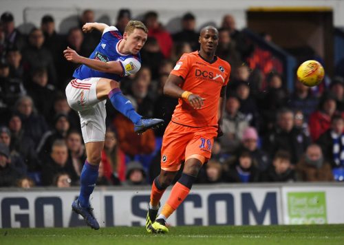 Ipswich's former Everton loanee Matthew Pennington in action with Millwall's Tom Elliott (Jan 2019)