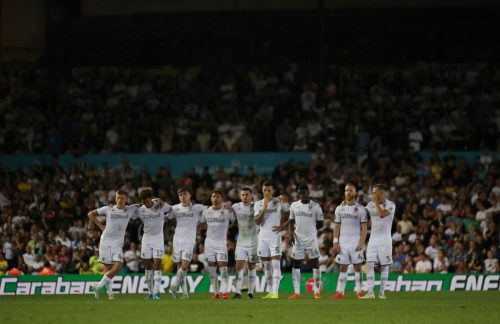 Leeds United players during the Carabao Cup penalty shootout v Stoke, August 2019