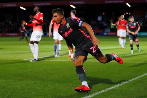 Leeds United's Gaetano Berardi celebrates scoring their second goal v Salford City, August 2019