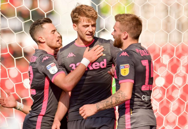 Leeds United's Patrick Bamford celebrates scoring their third goal v Stoke, August 2019