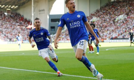 Leicester City's Harvey Barnes celebrates scoring their second goal v Sheff U (August 2019)