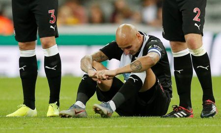 Newcastle United's Jonjo Shelvey looks dejected after missing a penalty in the shoot-out v Leicester City, August 2019