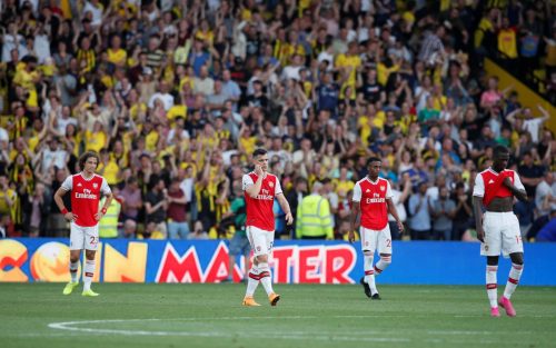 Arsenal's David Luiz, Granit Xhaka, Joe Willock and Nicolas Pepe look dejected after conceding their second goal v Watford