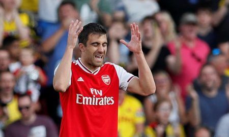 Arsenal's Sokratis Papastathopoulos looks dejected after conceding their first goal v Watford