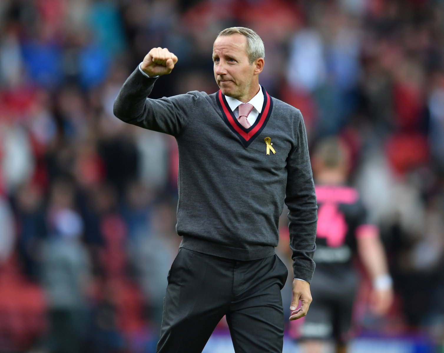 Charlton Athletic manager Lee Bowyer celebrates at the end of the Leeds United match