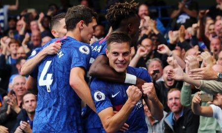 Chelsea's Cesar Azpilicueta celebrates scoring a goal with Tammy Abraham and team mates before it is disallowed following a referral to VAR