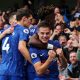 Chelsea's Cesar Azpilicueta celebrates scoring a goal with Tammy Abraham and team mates before it is disallowed following a referral to VAR