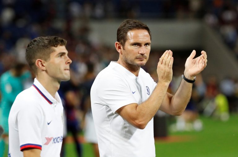 Chelsea's Christian Pulisic with manager Frank Lampard after the FC Barcelona pre-season match