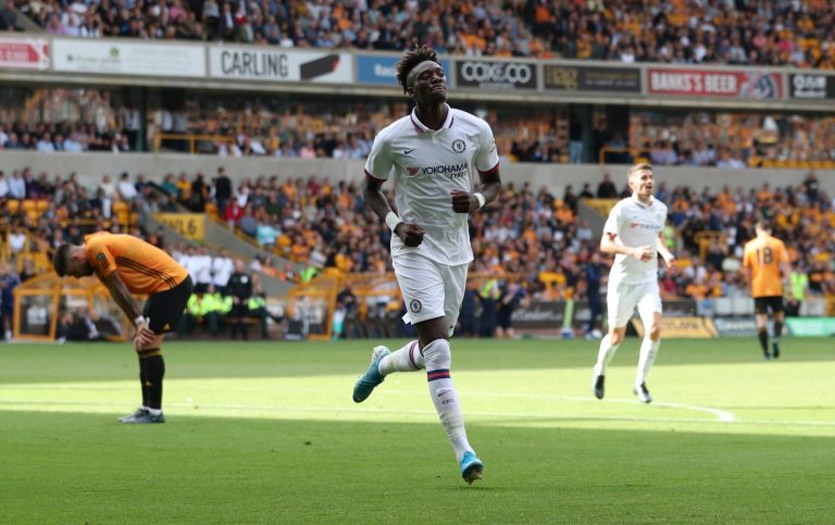 Chelsea's Tammy Abraham celebrates scoring their third goal v Wolverhampton Wanderers