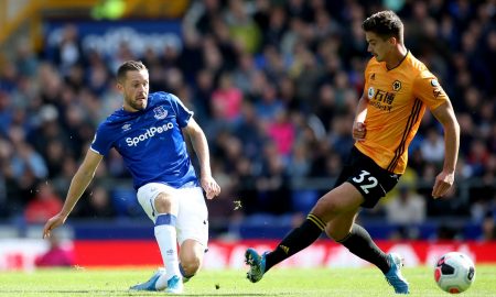 Everton's Gylfi Sigurdsson in action with Wolverhampton Wanderers' Leander Dendoncker