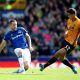 Everton's Gylfi Sigurdsson in action with Wolverhampton Wanderers' Leander Dendoncker