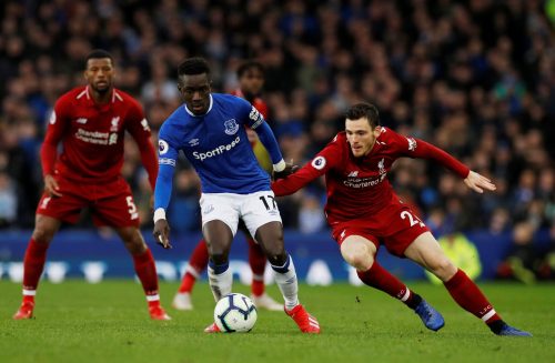 Everton's Idrissa Gueye in action with Liverpool's Andrew Robertson