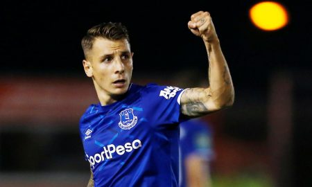Everton's Lucas Digne celebrates scoring their first goal - Carabao Cup Second Round v Lincoln City