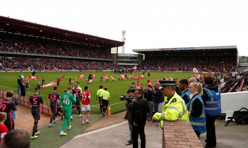 General view as the players walk out on to the pitch at Oakwell before the Barnsley v Leeds United match