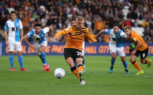 Hull City's Jarrod Bowen takes a penalty that was saved by Blackburn Rovers Christian Walton