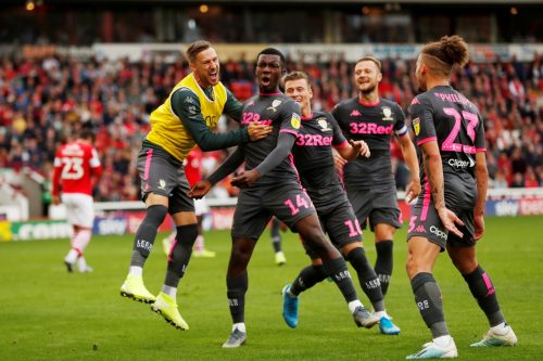 Leeds United's Eddie Nketiah celebrates scoring their first goal v Barnsley with teammates