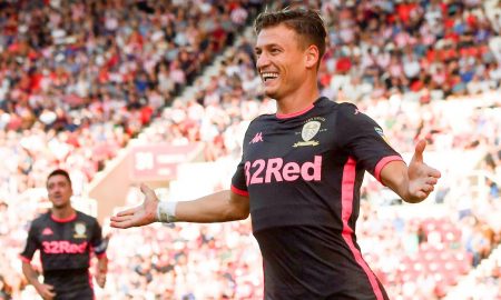 Leeds United's Ezgjan Alioski celebrates scoring their second goal v Stoke
