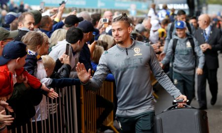 Leeds United's Kalvin Phillips arrives at the stadium before the Swansea match (August 2019)