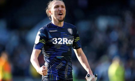 Leeds United's Luke Ayling celebrates after the Play-Off Semi-Final First Leg v Derby County