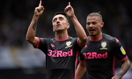 Leeds United's Pablo Hernandez celebrates scoring their first goal v Bristol City, August 2019