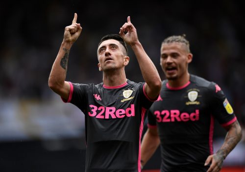 Leeds United's Pablo Hernandez celebrates scoring their first goal v Bristol City, August 2019