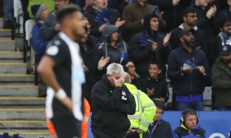 Newcastle United manager Steve Bruce looks dejected at Leicester City
