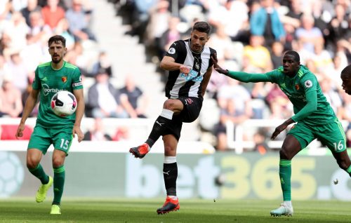 Newcastle United's Fabian Schar scores their first goal v Watford