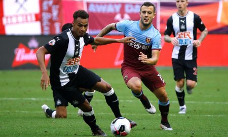 Newcastle United's Jacob Murphy in action with West Ham's Jack Wilshere