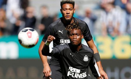 Newcastle United's Joelinton and Christian Atsu during the warm up before the match