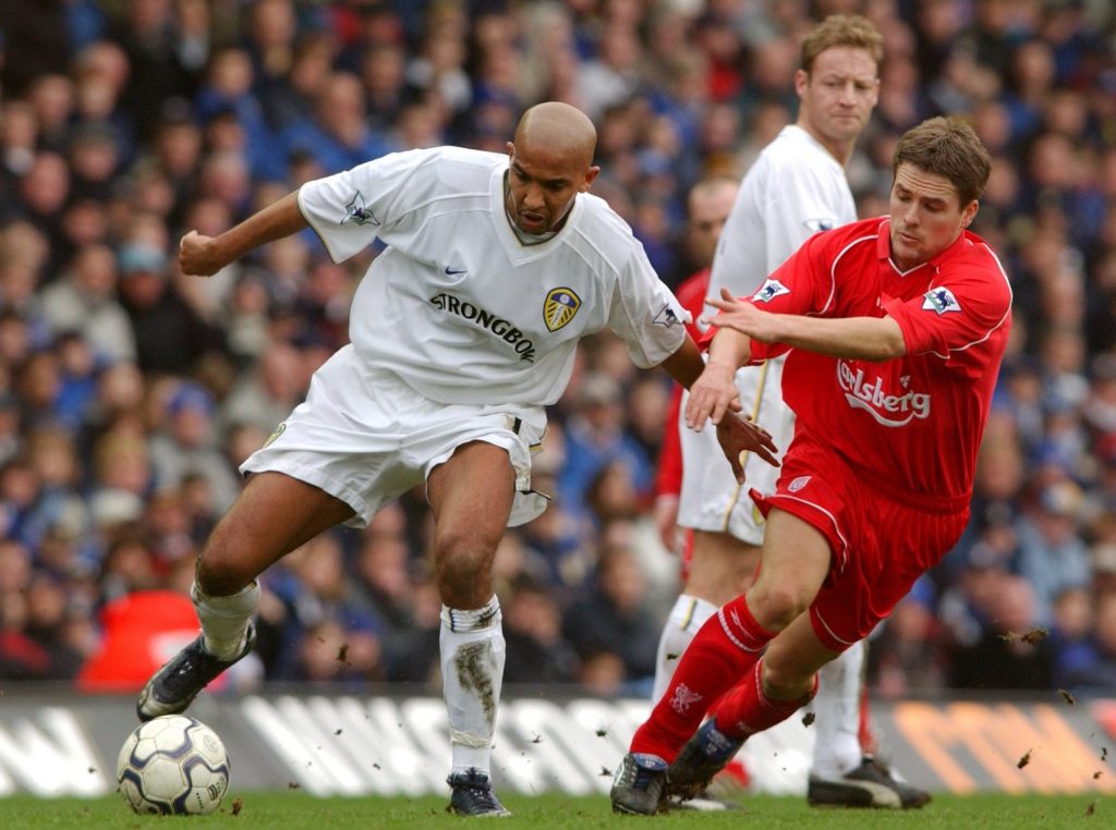 Olivier Dacourt of Leeds United in action against Michael Owen of Liverpool, Premier League Feb 2002