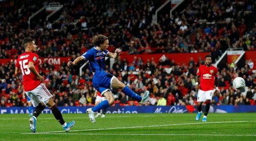 Rochdale's Luke Matheson scores their first goal v Manchester United, EFL Cup Sep 2019