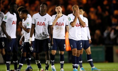 Tottenham Hotspur's Lucas Moura and teammates react after losing the penalty shootout - Carabao Cup - Third Round - Colchester United
