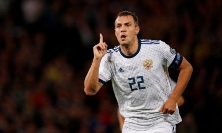 Zenit St. Petersburg's Artem Dzyuba celebrates scoring Russia's first goal v Scotland, Euro 2020 Qualifier, Sep 2019