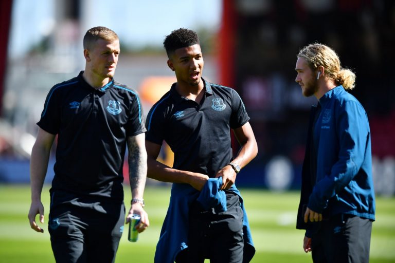 Everton's Jordan Pickford, Mason Holgate and Tom Davies on the pitch before the AFC Bournemouth match