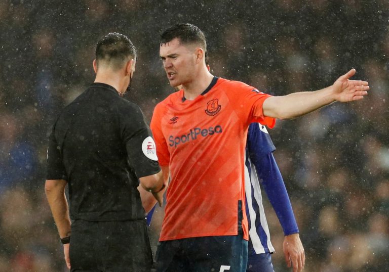 Everton's Michael Keane remonstrates with referee Andrew Madley at the end of the Brighton & Hove Albion match