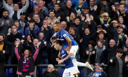 Everton's Seamus Coleman and Richarlison celebrate after Dominic Calvert-Lewin scores their first goal v Man City