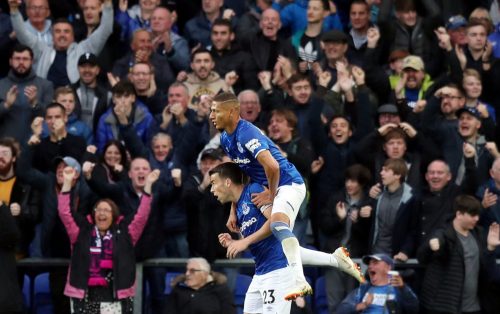 Everton's Seamus Coleman and Richarlison celebrate after Dominic Calvert-Lewin scores their first goal v Man City