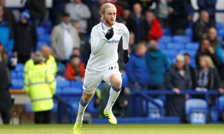 Everton's Tom Davies during the warm up before the West Ham United match