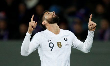 France's Olivier Giroud celebrates scoring the winning goal v Iceland, Euro 2020 Qualifier, Oct 2019