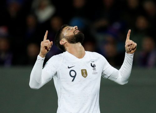 France's Olivier Giroud celebrates scoring the winning goal v Iceland, Euro 2020 Qualifier, Oct 2019