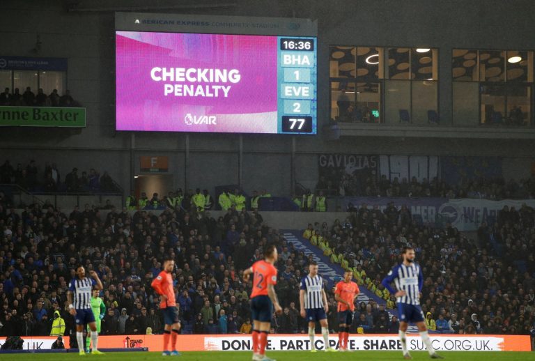 General view at the Amex Stadium as the scoreboard displays the pending VAR decision before awarding Brighton & Hove Albion a penalty v Everton