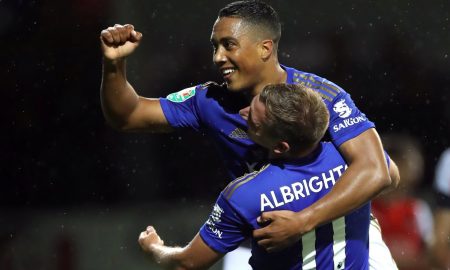 Leicester City's Youri Tielemans celebrates scoring their third goal v Leicester City with teammate Marc Albrighton in Carabao Cup - Third Round