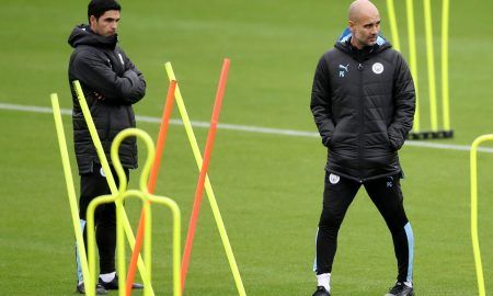 Manchester City manager Pep Guardiola and assistant manager Mikel Arteta during training