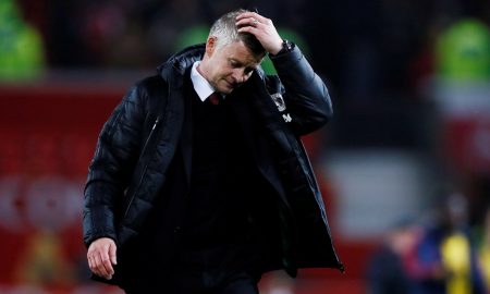 Manchester United manager Ole Gunnar Solskjaer reacts at the end of the Arsenal match