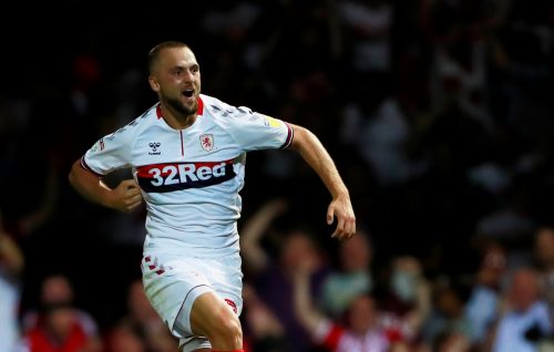 Middlesbrough's Lewis Wing celebrates scoring their third goal v Luton Town